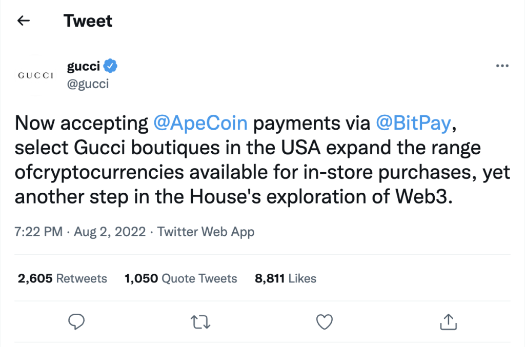 Gucci to accept ApeCoin