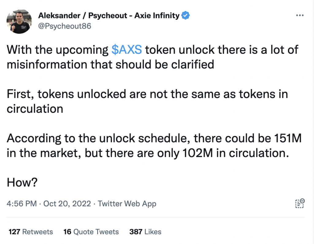 AXS drops as token unlock