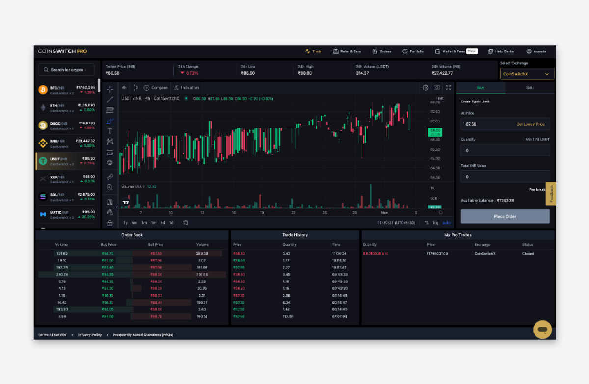 CoinSwitch Pro interface
