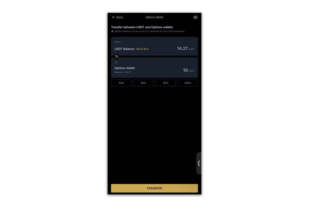 Transfer between USDT and Options Wallet