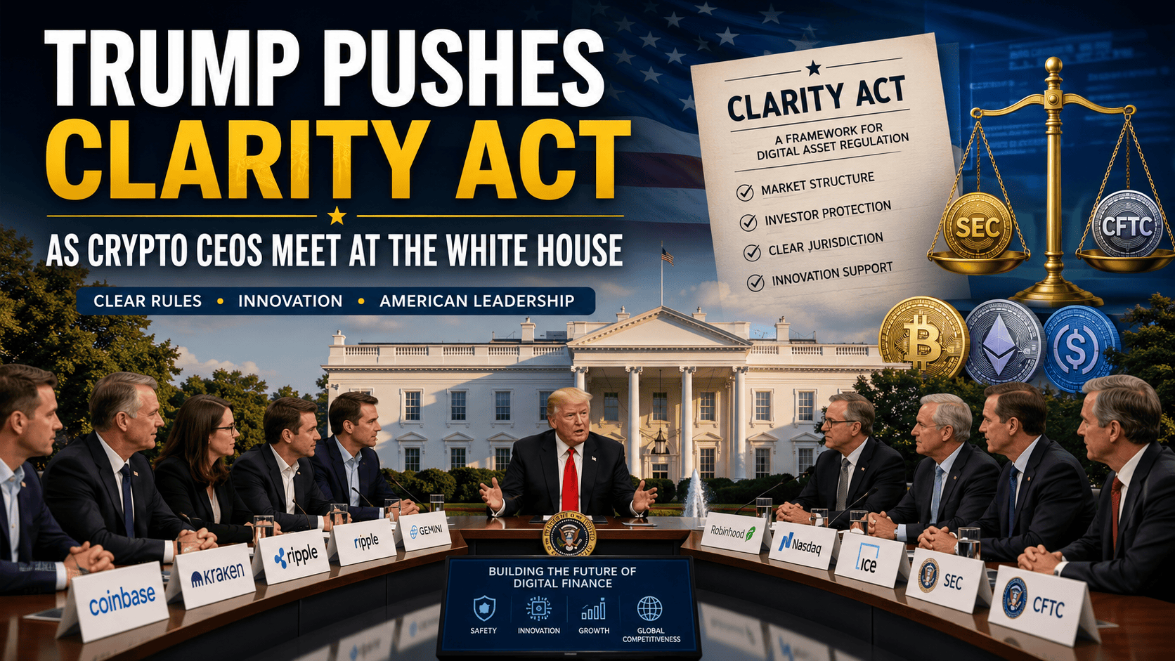 Trump Pushes CLARITY Act as Crypto CEOs Meet at the White House
